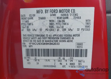 2009 Ford Escape Xlt z USA, uszkodzony, nr VIN 1FMCU93G69KB62033